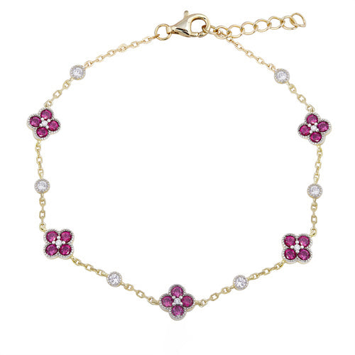 925 Silver 14ct Gold Plated Cubic Zirconia Set Clover Bracelet Red