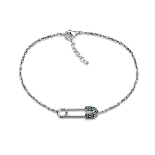 925 Silver Rhodium Cubic Zirconia Set Plated Safety Pin Bracelet