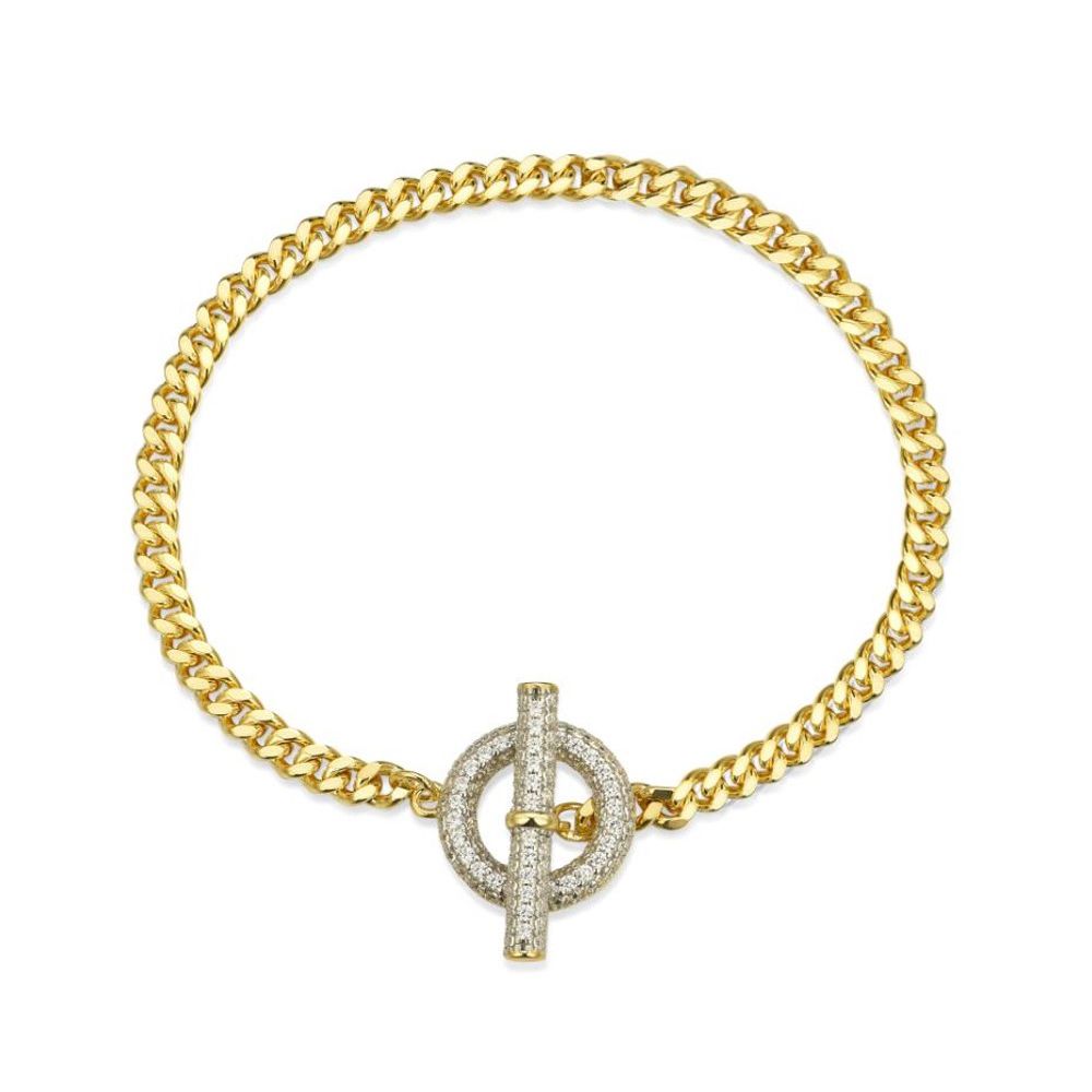 925 Silver 14ct Gold Plated Cubic Zirconia Set T Bar Bracelet