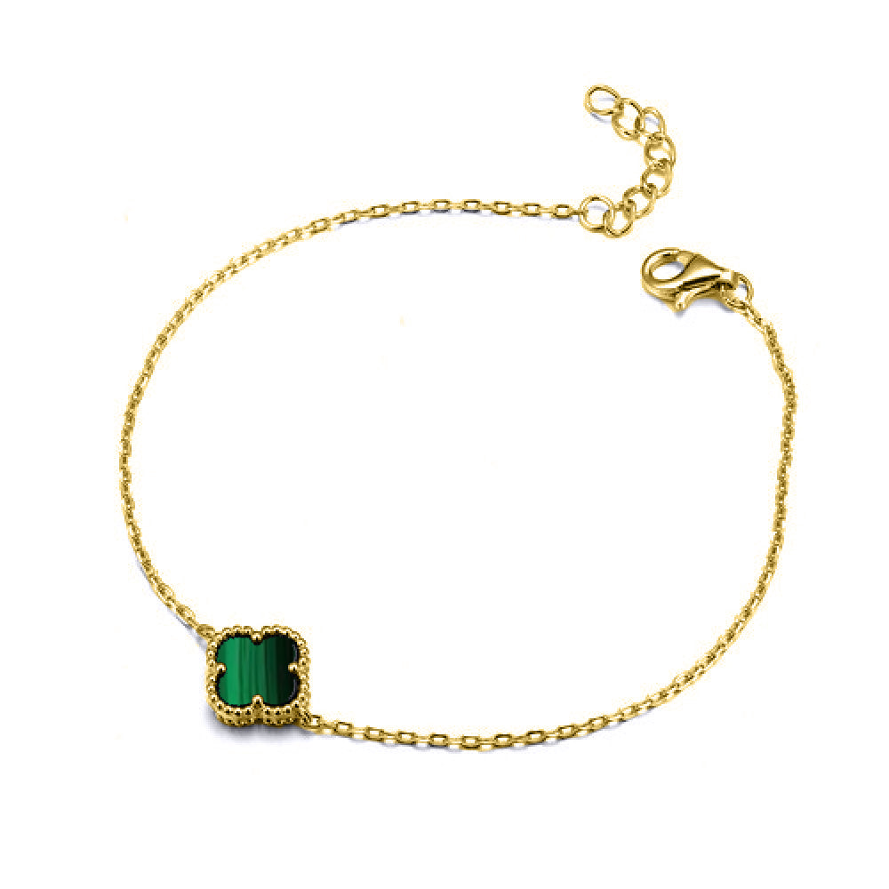925 Silver 14ct Gold Plated Single Green Malachite Clover Bracelet