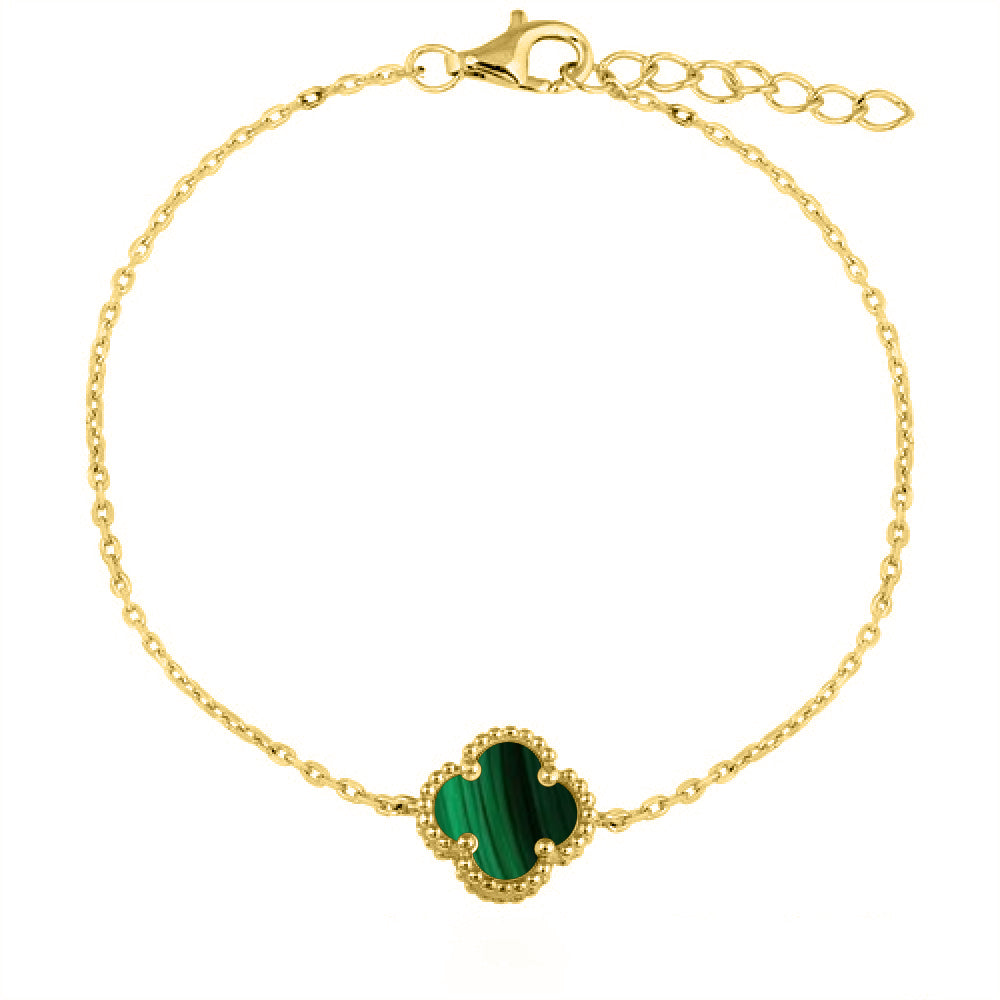 925 Silver 14ct Gold Plated Single Green Malachite Clover Bracelet