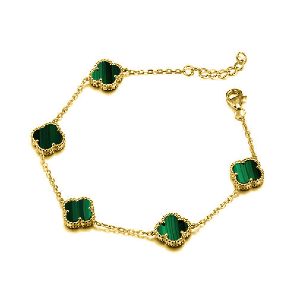 925 Silver 14ct Gold Plated Green Malachite Clover Bracelet