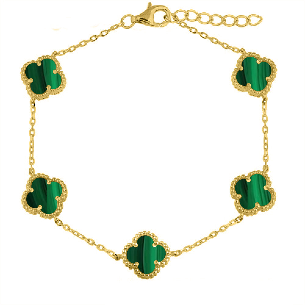 925 Silver 14ct Gold Plated Green Malachite Clover Bracelet
