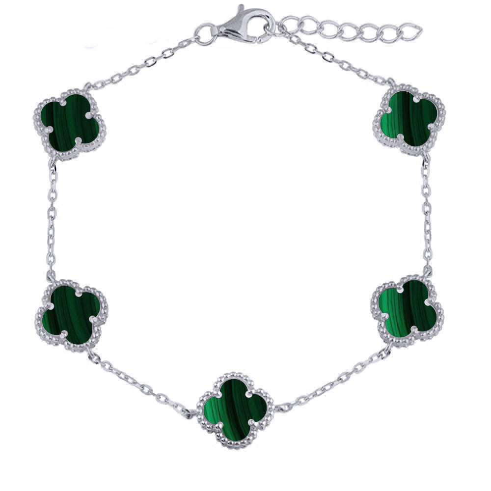 925 Silver Rhodium Plated Green Malachite Clover Bracelet