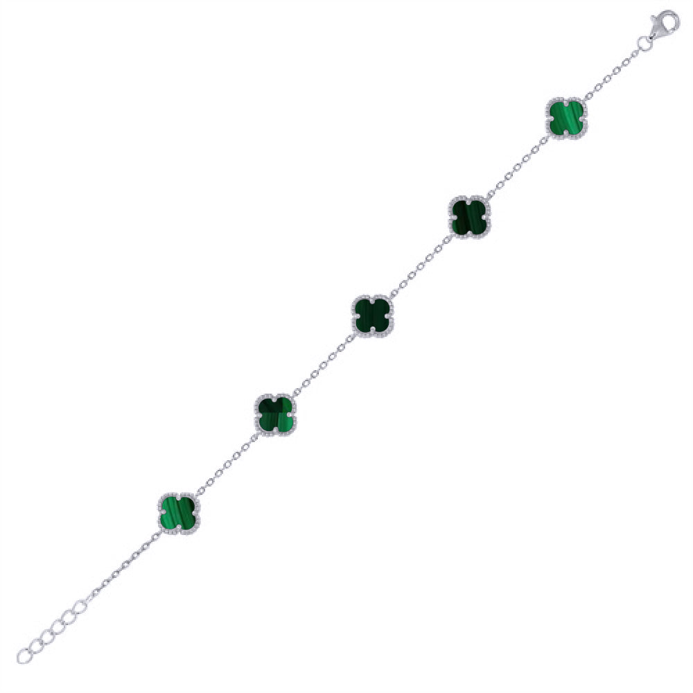 925 Silver Rhodium Plated Green Malachite Clover Bracelet