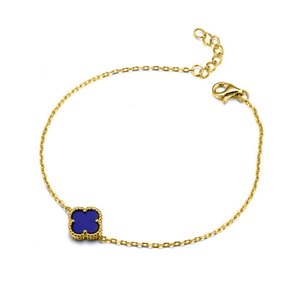 925 Silver 14ct Gold Plated Single Blue Agate Clover Bracelet