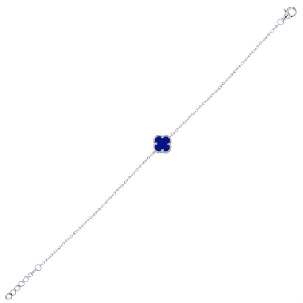 ABB233 | 925 Silver Rhodium Plated Single Blue Agate Clover Bracelet