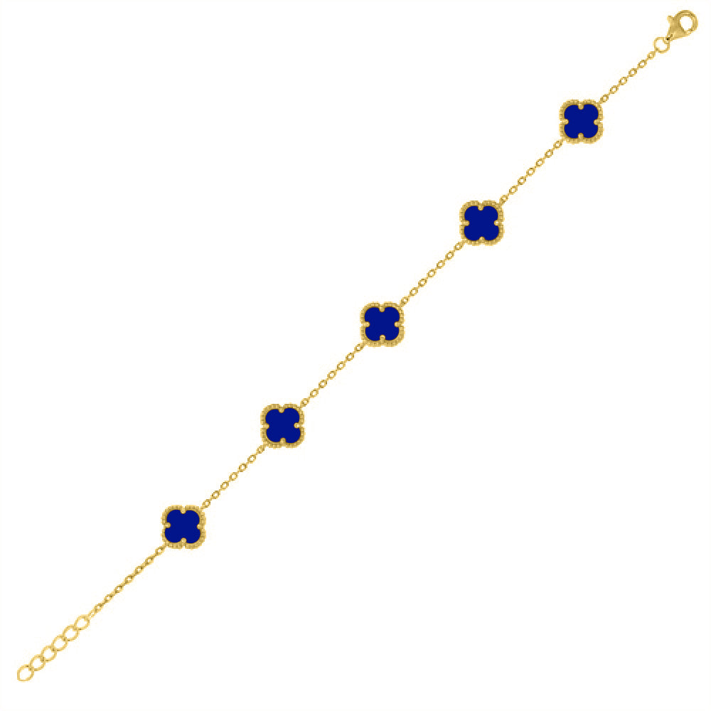 925 Silver 14ct Gold Plated Blue Agate Clover Bracelet