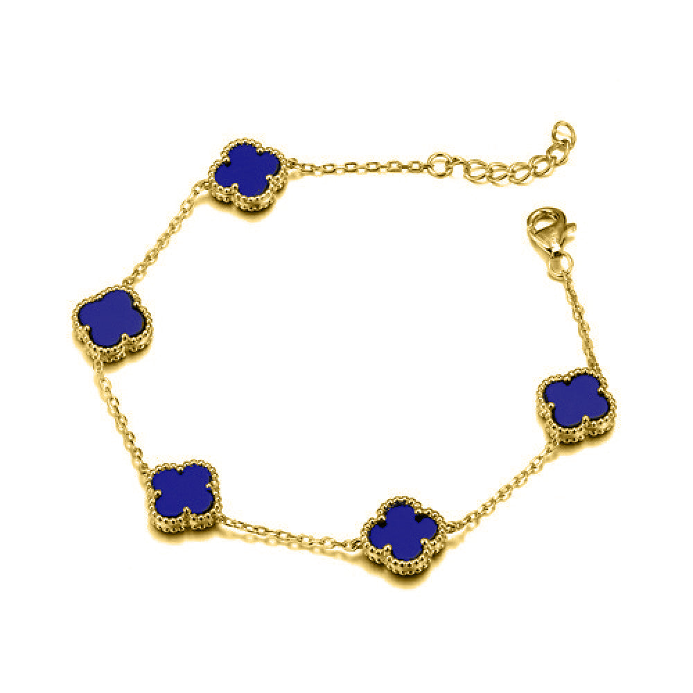 925 Silver 14ct Gold Plated Blue Agate Clover Bracelet