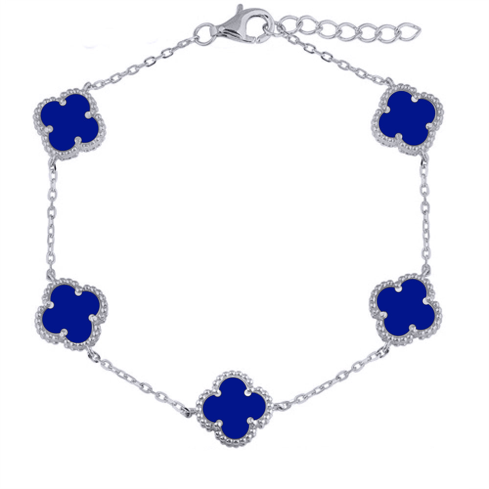 925 Silver Rhodium Plated Blue Agate Clover Bracelet