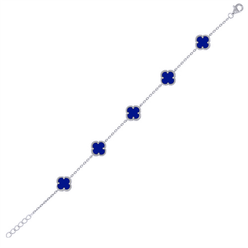 925 Silver Rhodium Plated Blue Agate Clover Bracelet