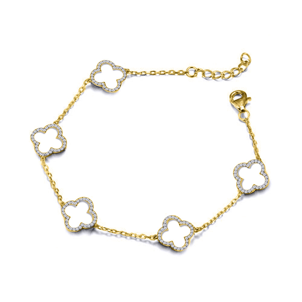 925 Silver 14ct GoldPlated Cubic Zirconia Set Clover Bracelet