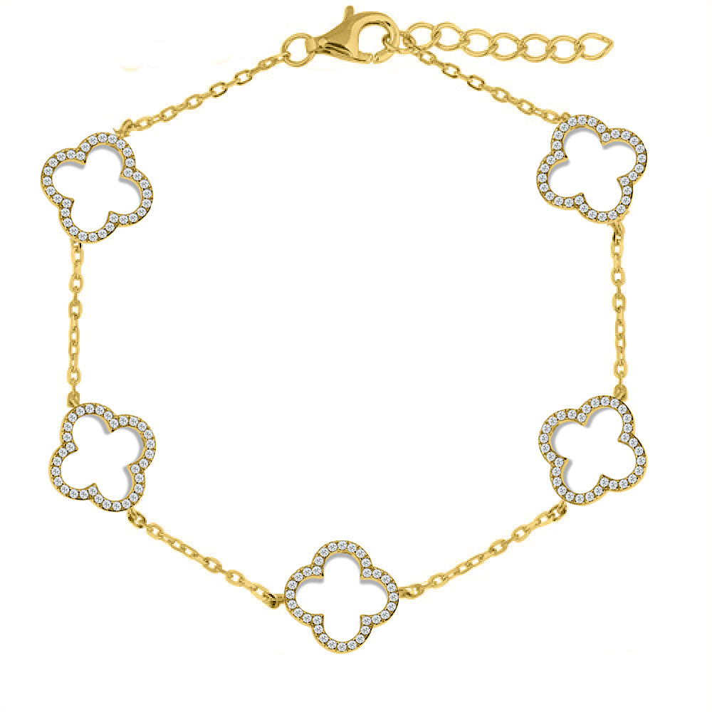 925 Silver 14ct GoldPlated Cubic Zirconia Set Clover Bracelet