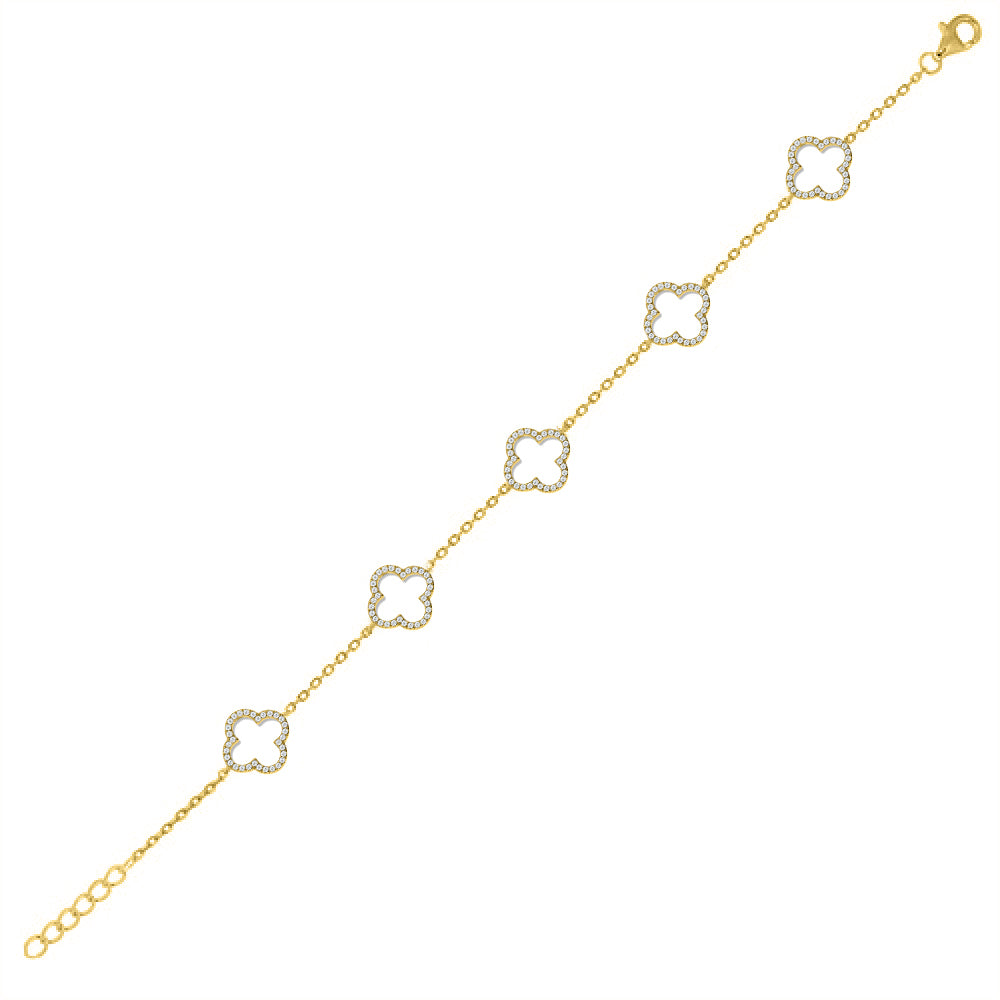 925 Silver 14ct GoldPlated Cubic Zirconia Set Clover Bracelet
