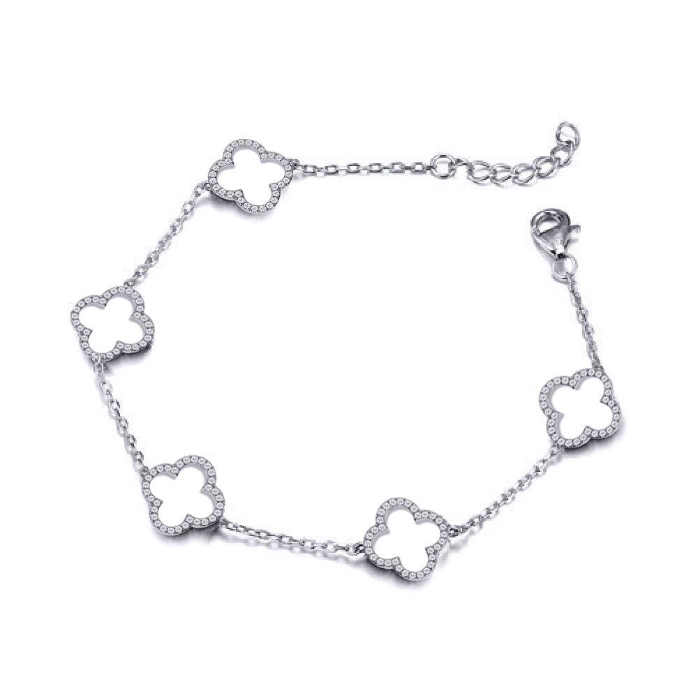 925 Silver Rhodium Plated Cubic Zirconia Set Clover Bracelet