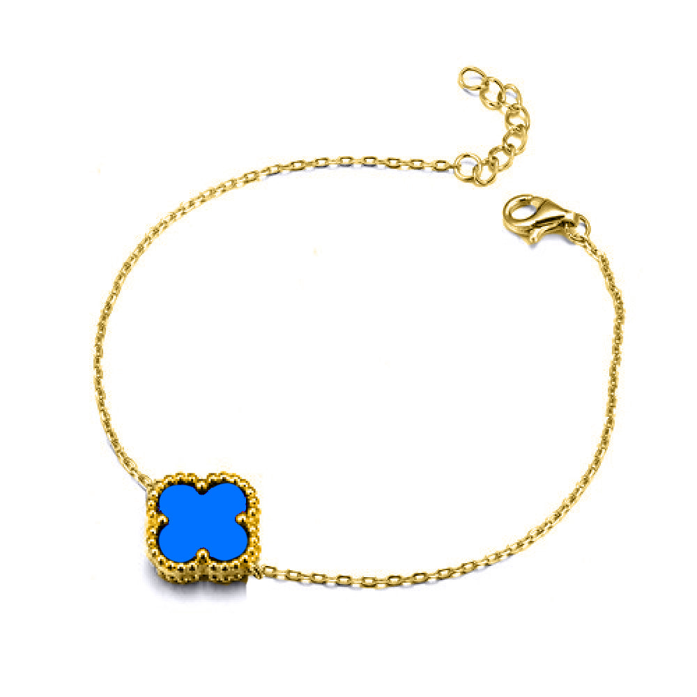 925 Silver 14ct gold Plated Single Clover Bracelet Blue Agate Colour