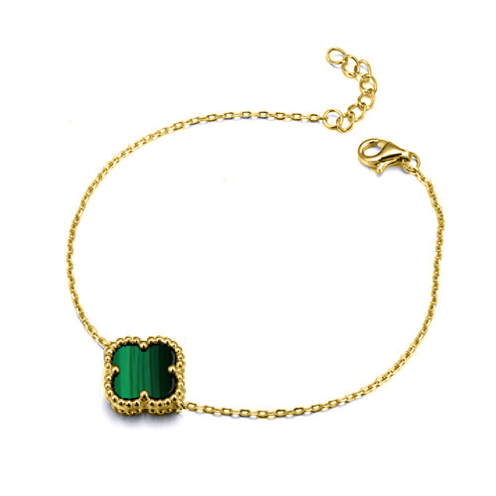 925 Silver 14ct gold Plated Single Clover Bracelet Malachite Green