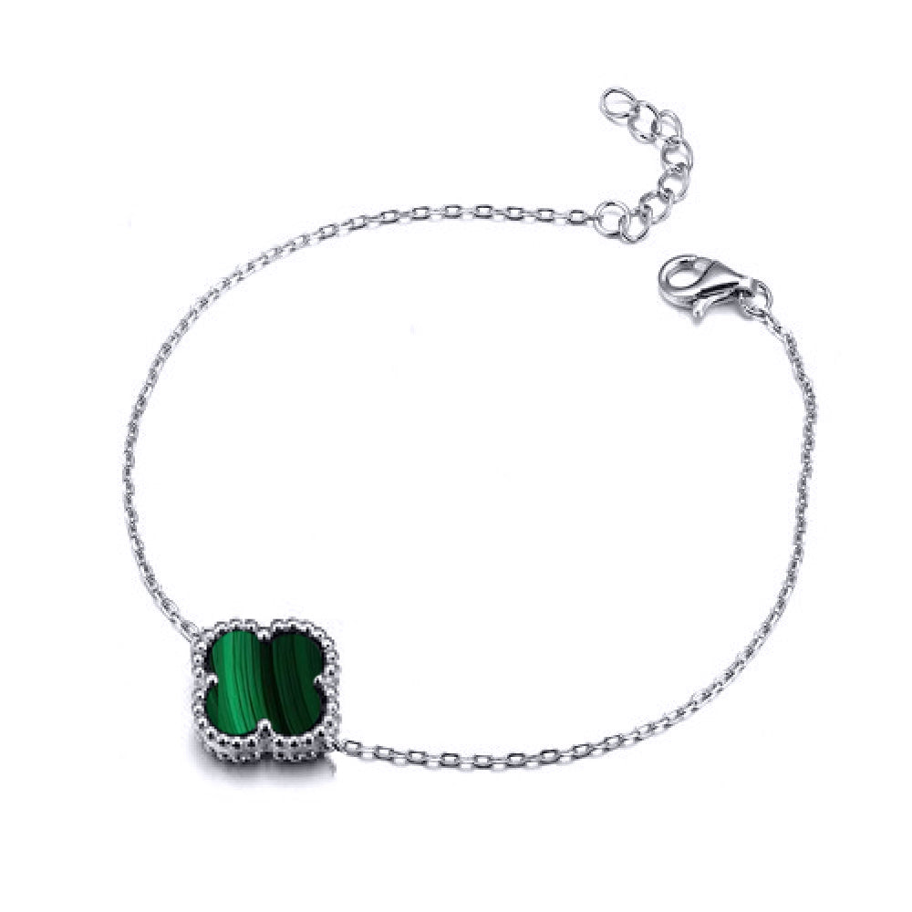 925 Silver Rhodium Single Clover Bracelet Malachite Green Colour