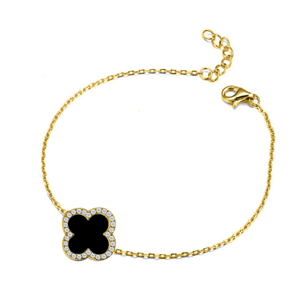 ABB241-GP | 925 Silver 14ct gold Plated CZ Set Single Clover Bracelet Black Onyx Colour