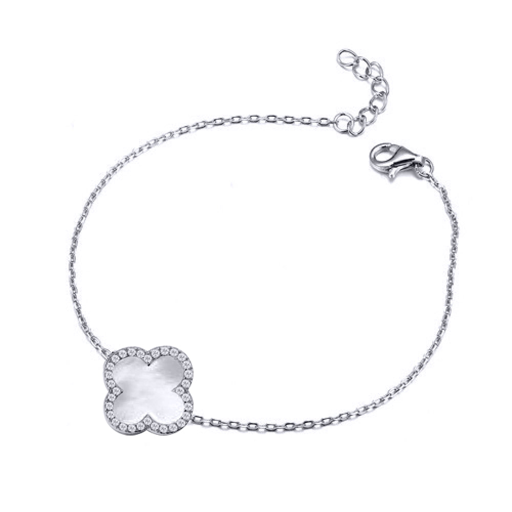 925 Silver Rhodium Cubic Zirconia Set Single Clover Bracelet MOP White Colour