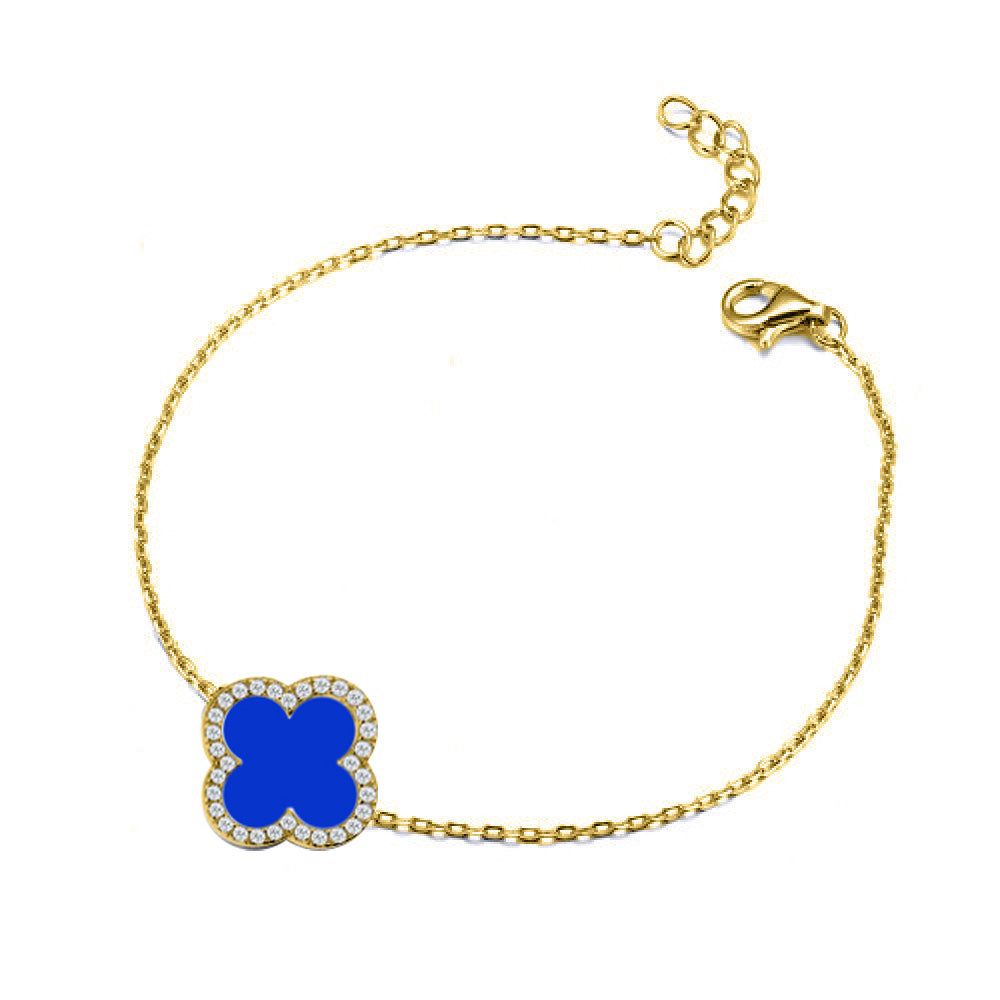 925 Silver 14ct gold Plated Cubic Zirconia Set Single Clover Bracelet Blue Agate Colour