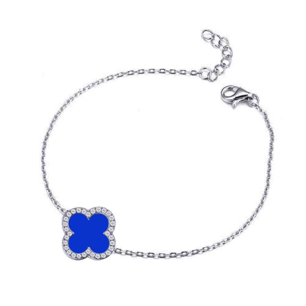 ABB243 | 925 Silver Rhodium CZ Set Single Clover Bracelet Blue Agate Colour