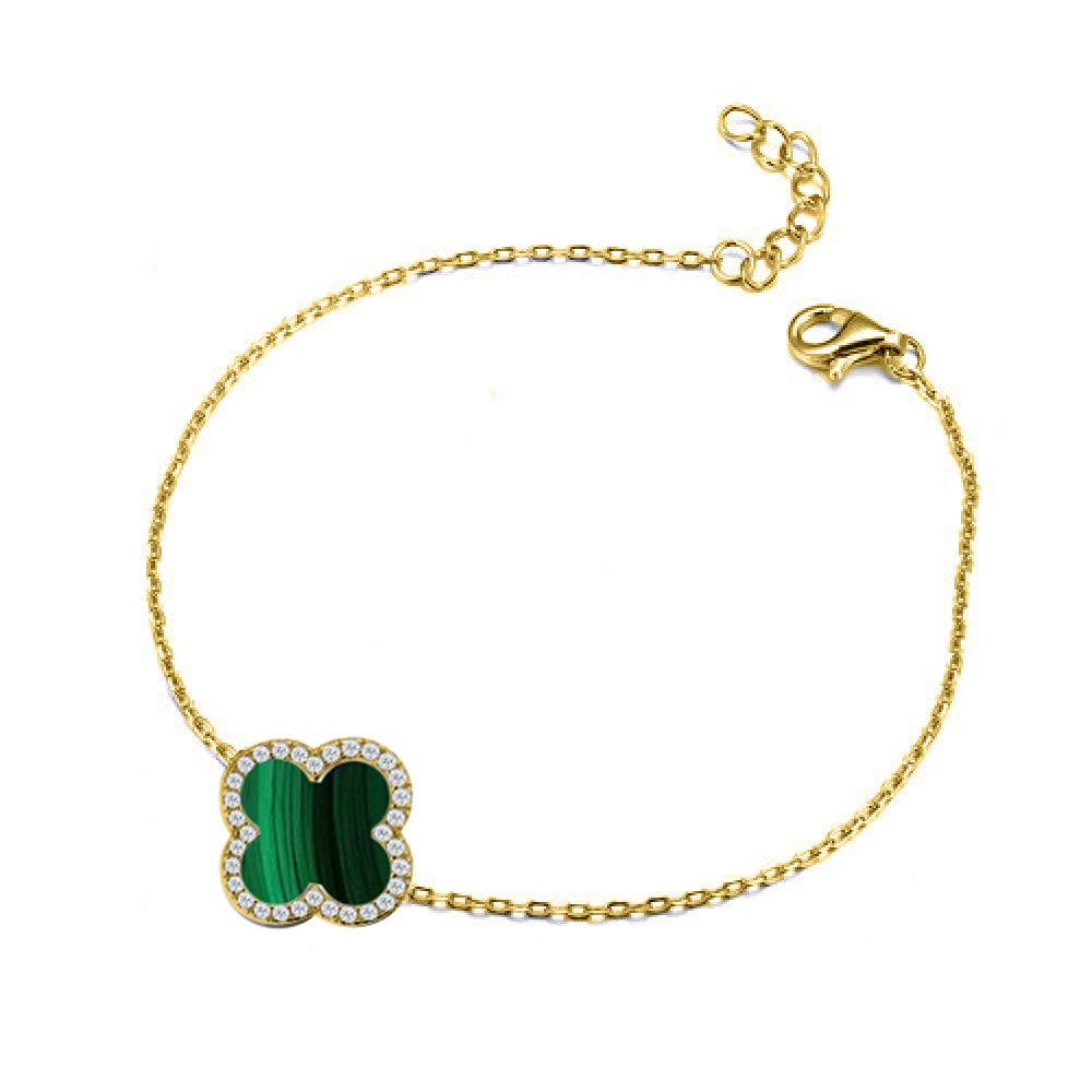 ABB244-GP | 925 Silver 14ct gold Plated CZ Set Single Clover Bracelet Malachite Green