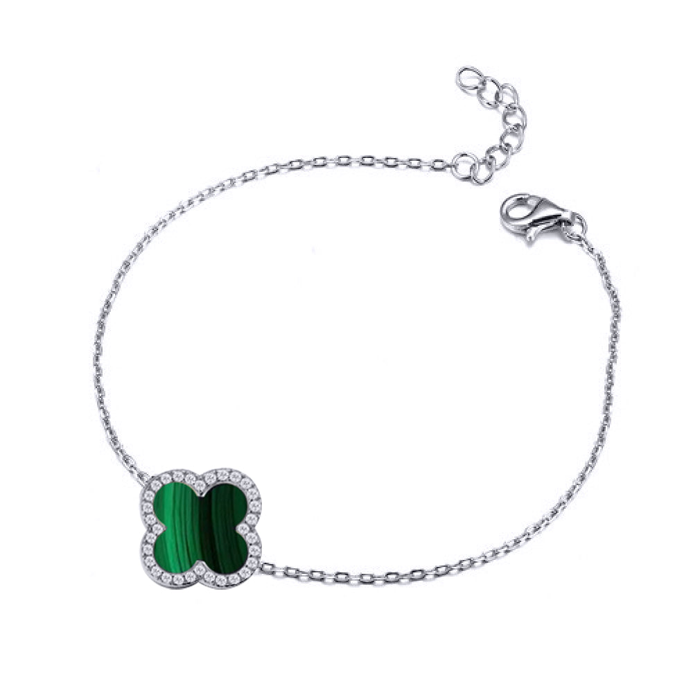 ABB244 | 925 Silver Rhodium CZ Set Single Clover Bracelet Malachite Green Colour