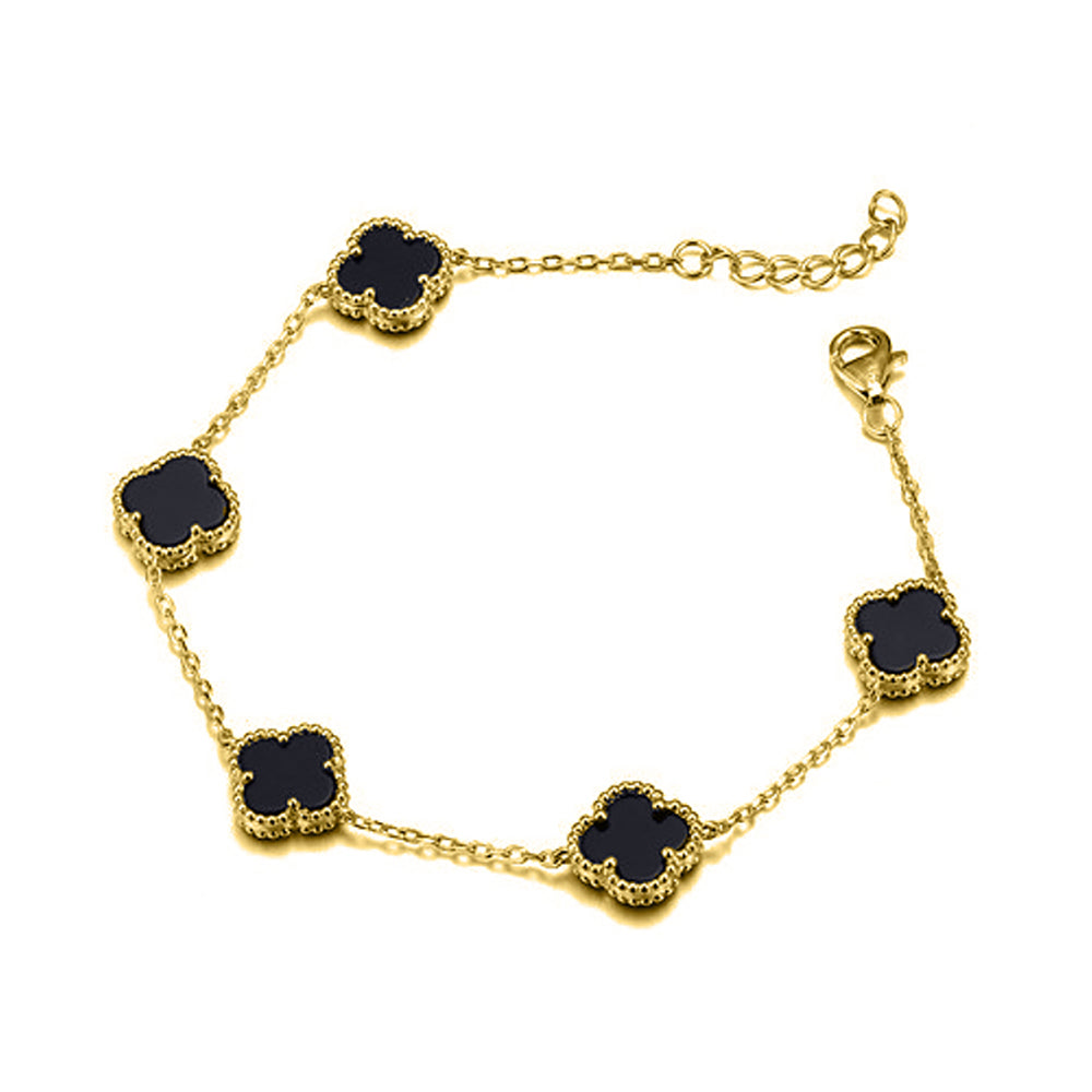 ABB245-GP | 925 Silver 14ct gold Plated 5 Clover Bracelet Black Onyx Colour