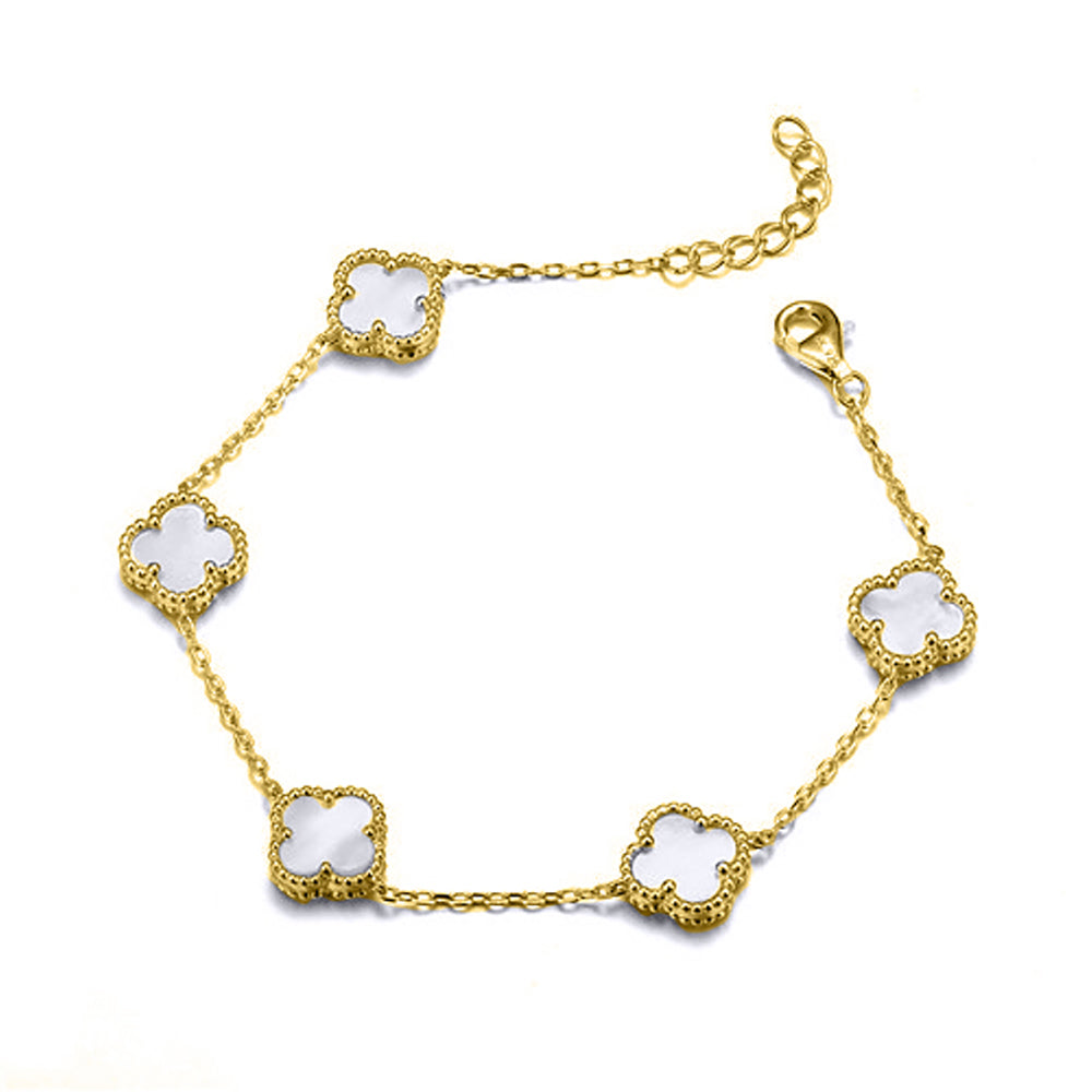 ABB246-GP | 925 Silver 14ct gold Plated 5 Clover Bracelet MOP White Colour