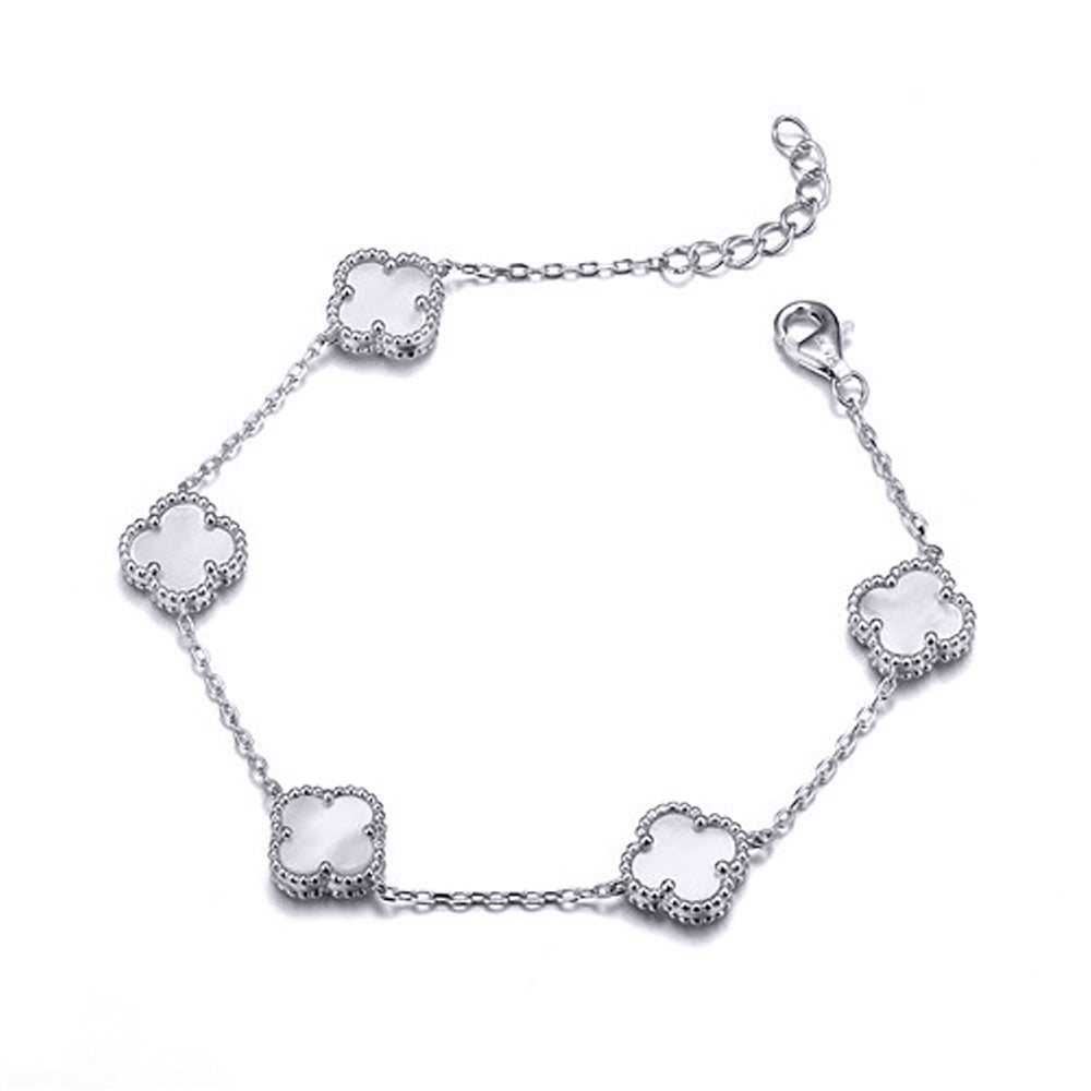 925 Silver Rhodium 5 Clover Bracelet  MOP White Colour