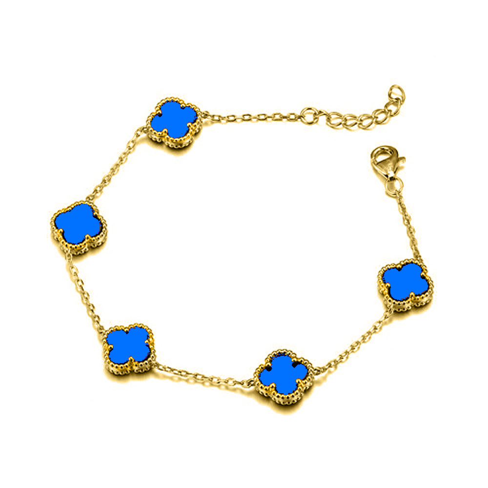 925 Silver 14ct gold Plated 5 Clover Bracelet Blue Agate Colour