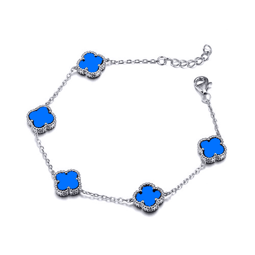 925 Silver Rhodium 5 Clover Bracelet Blue Agate Colour