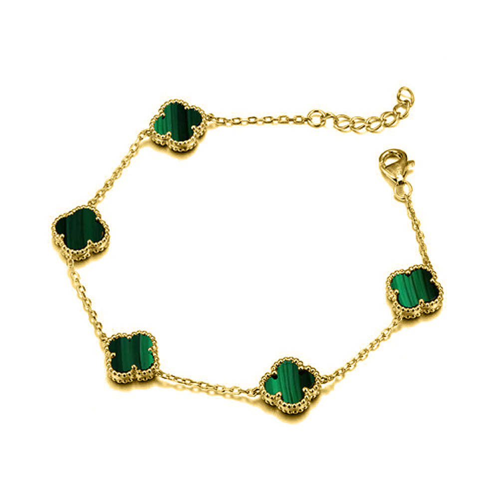 925 Silver 14ct gold Plated 5 Clover Bracelet  Malachite Green