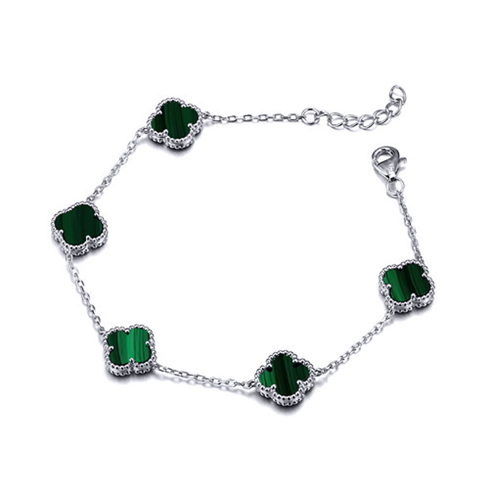 925 Silver Rhodium 5 Clover Bracelet Malachite Green Colour