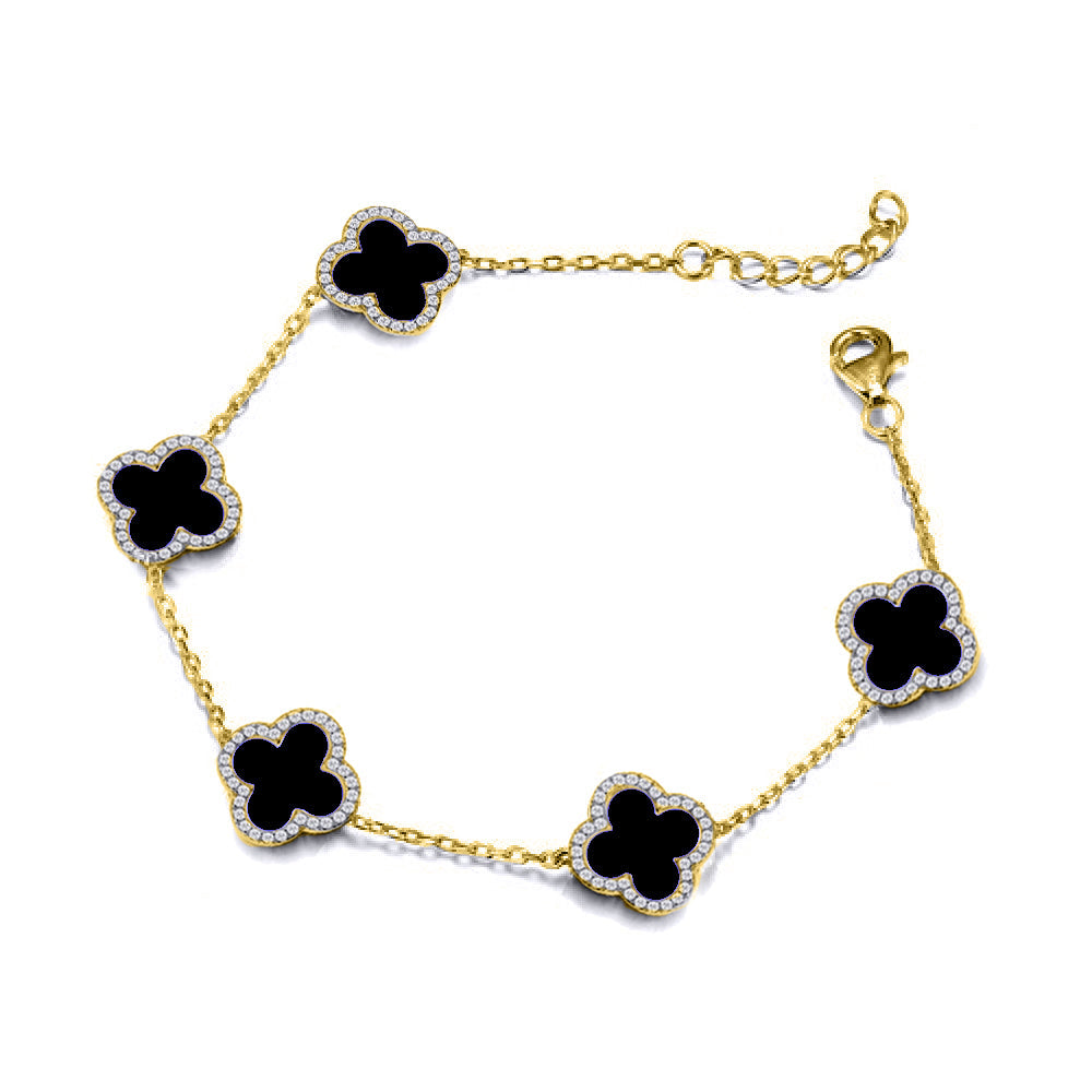 925 Silver 14ct gold Plated Cubic Zirconia Set 5 Clover Bracelet Black Onyx Colour