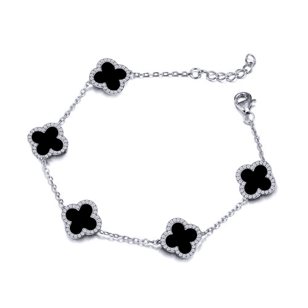 925 Silver Rhodium Cubic Zirconia Set 5 Clover Bracelet Black Onyx Colour