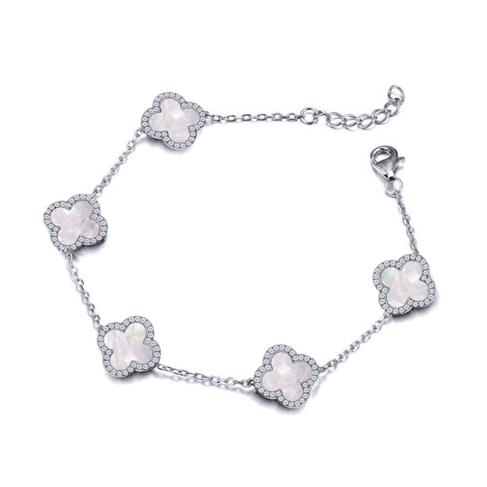 925 Silver Rhodium CZ Set 5 Clover Bracelet MOP White Colour