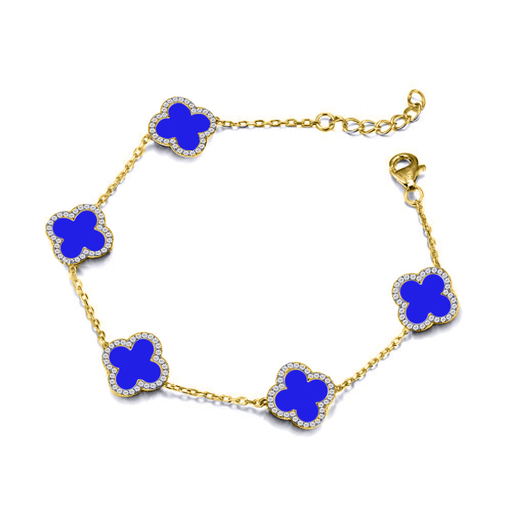 925 Silver 14ct gold Plated Cubic Zirconia Set 5 Clover Bracelet Blue Agate Colour