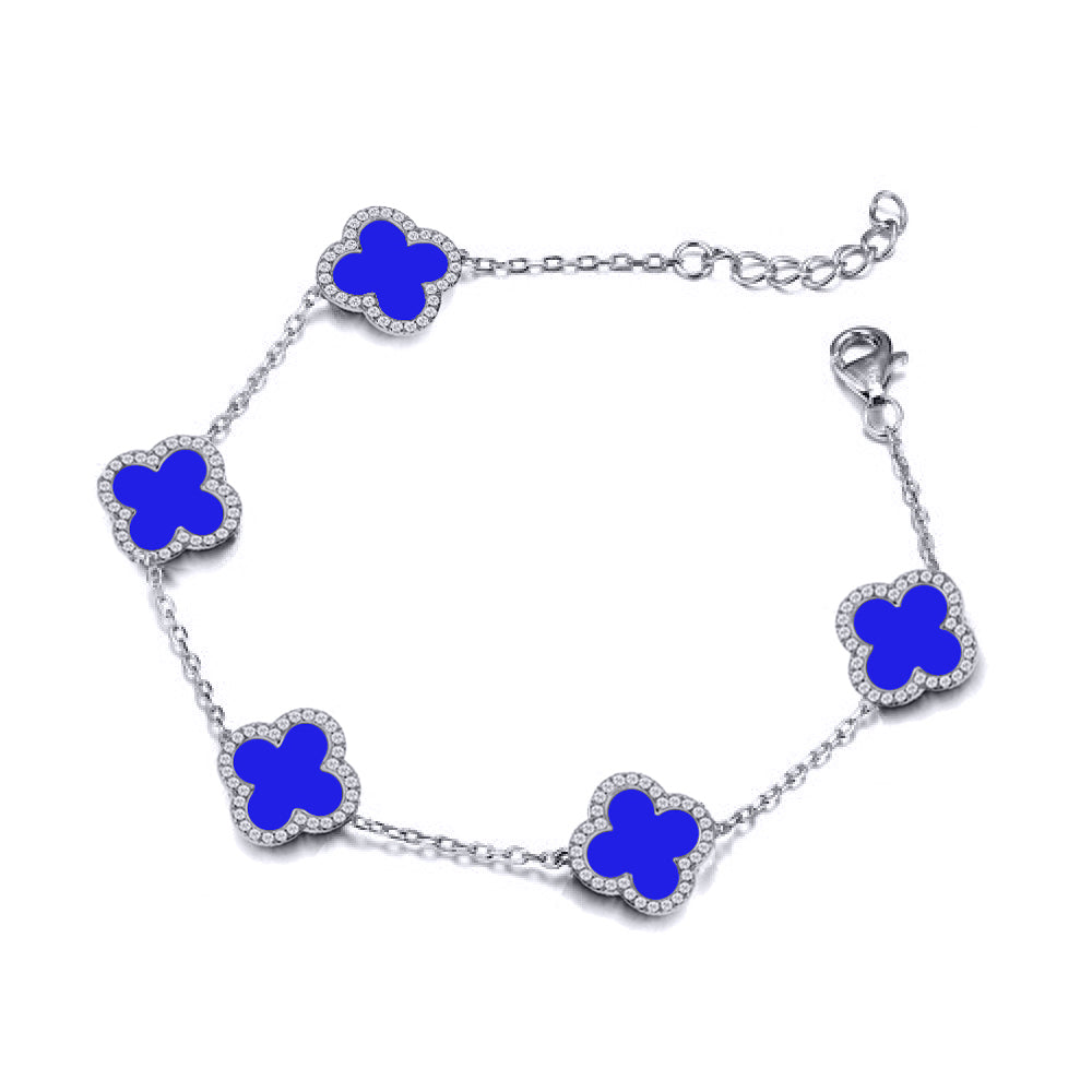 925 Silver Rhodium Cubic Zirconia Set 5 Clover Bracelet Blue Agate Colour
