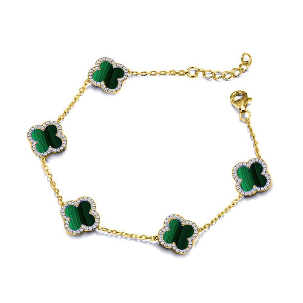 925 Silver 14ct gold Plated CZ Set  5 Clover Bracelet  Malachite Green