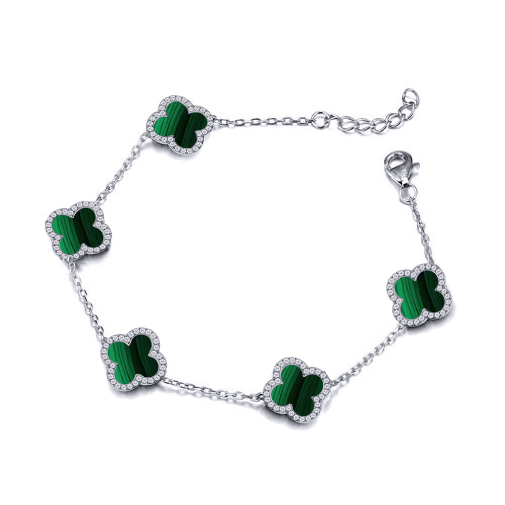 925 Silver Rhodium CZ Set 5 Clover Bracelet Malachite Green Colour