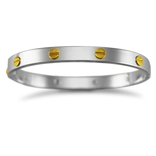 925 Silver Rhodium Plated Bangle With 9ct Screws - Ladies