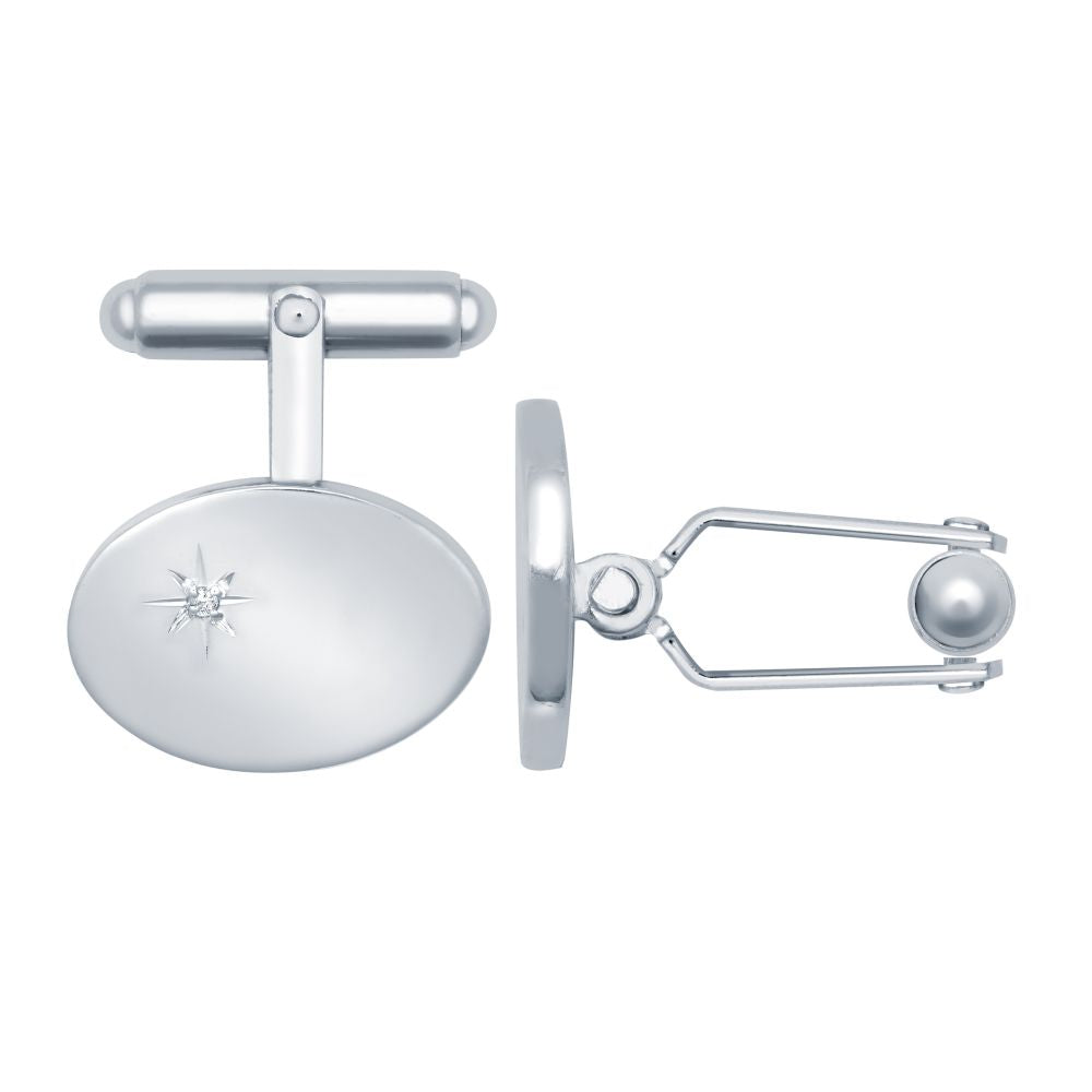 925 Silver Natural Diamond Set Oval Cufflinks Swivel Backs
