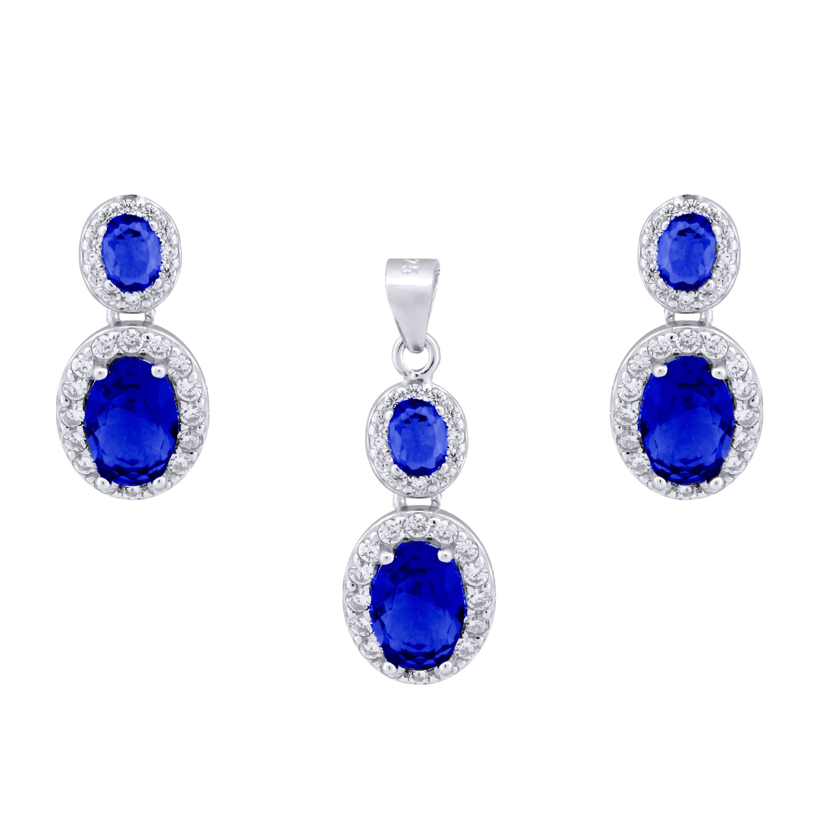 925 Silver Rhodium Princess Kate Sapphire Centre Cubic Zirconia Earring and Pendant Set