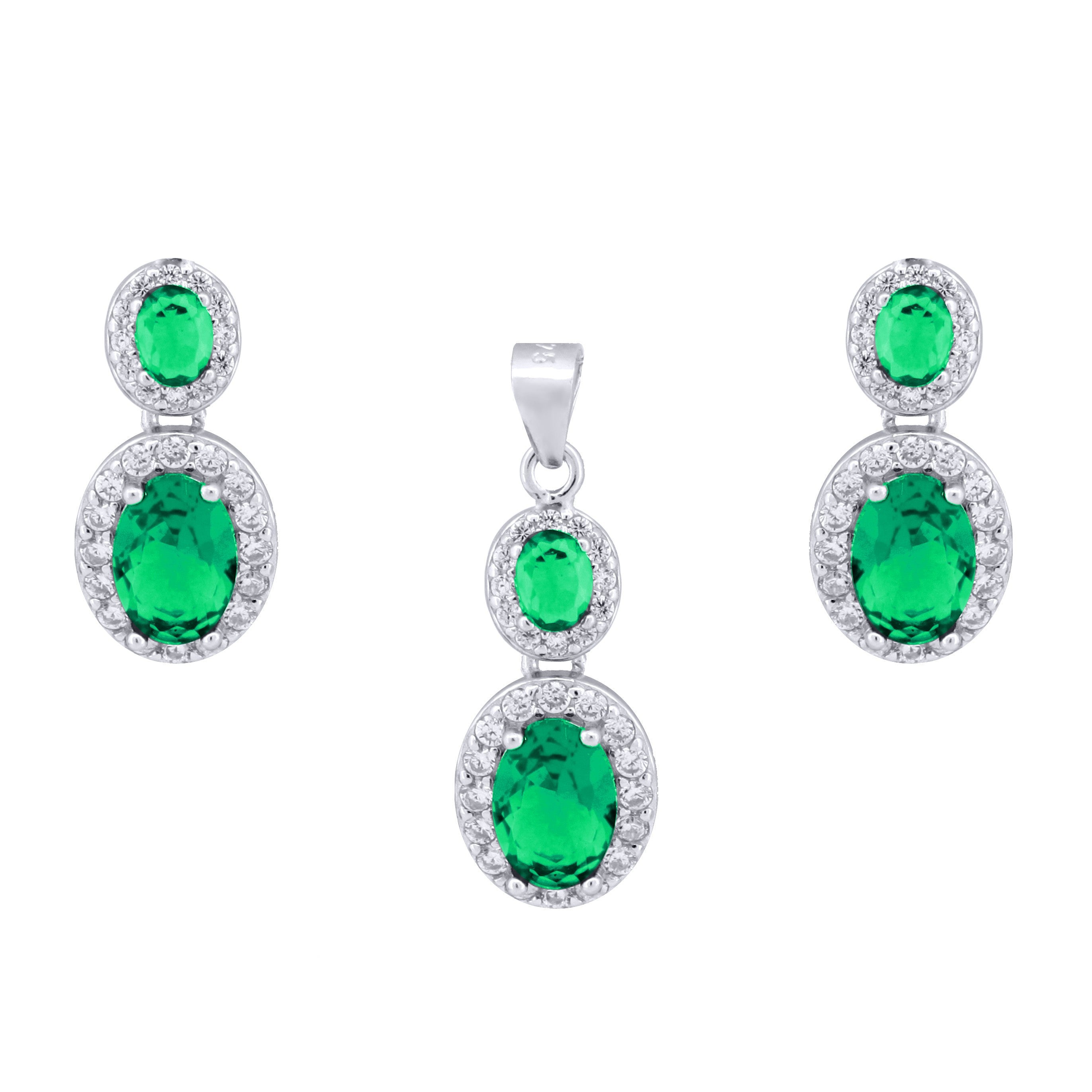 925 Silver Rhodium Princess Kate Emereld Centre Cubic Zirconia Earring and Pendant Set