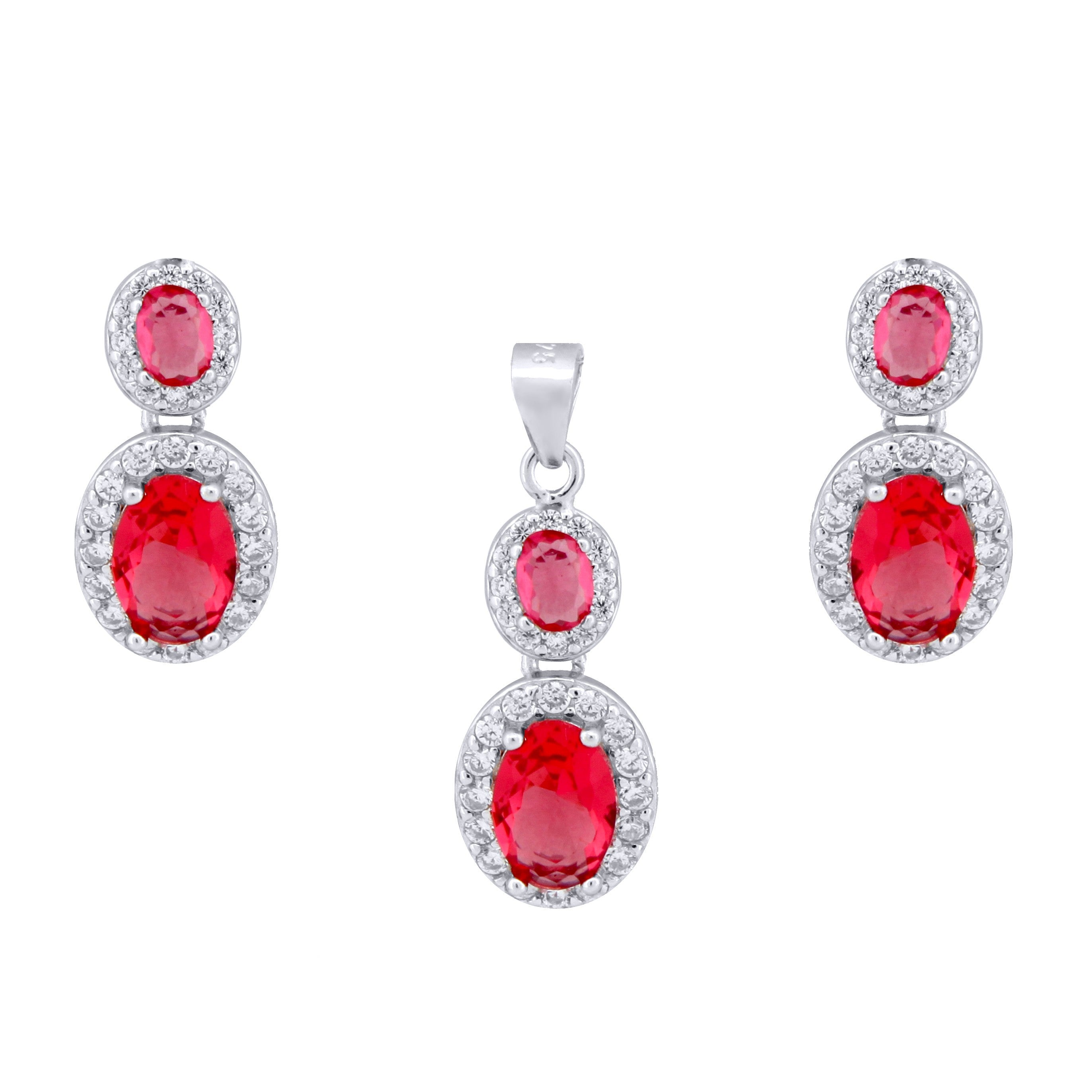 925 Silver Rhodium Princess Kate Ruby Centre Cubic Zirconia Earring and Pendant Set