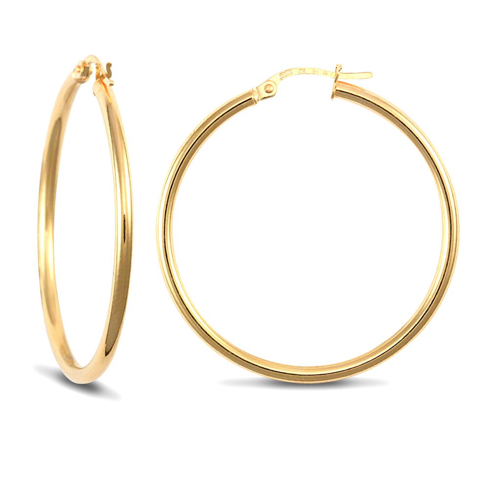 AER009E-GP | JN Jewellery 925 Sterling Silver Gold Plated 2mm polished creole Hoop Earrings