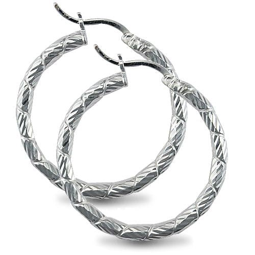 925 Silver Diamond Cut Twist Hoop Earrings