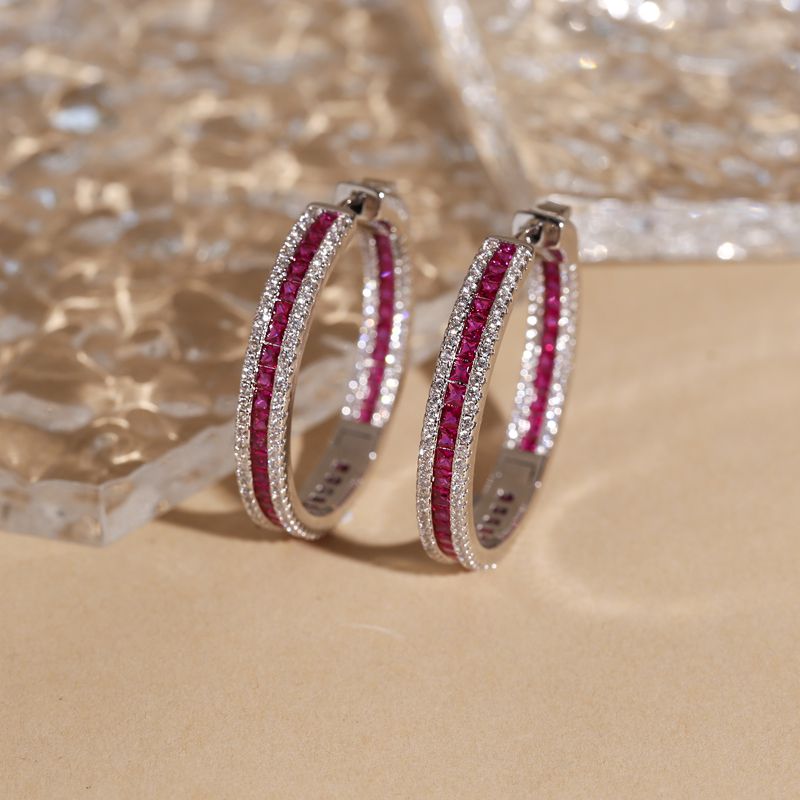 925 Silver Red & Cubic Zirconia Set Hoops 18mm